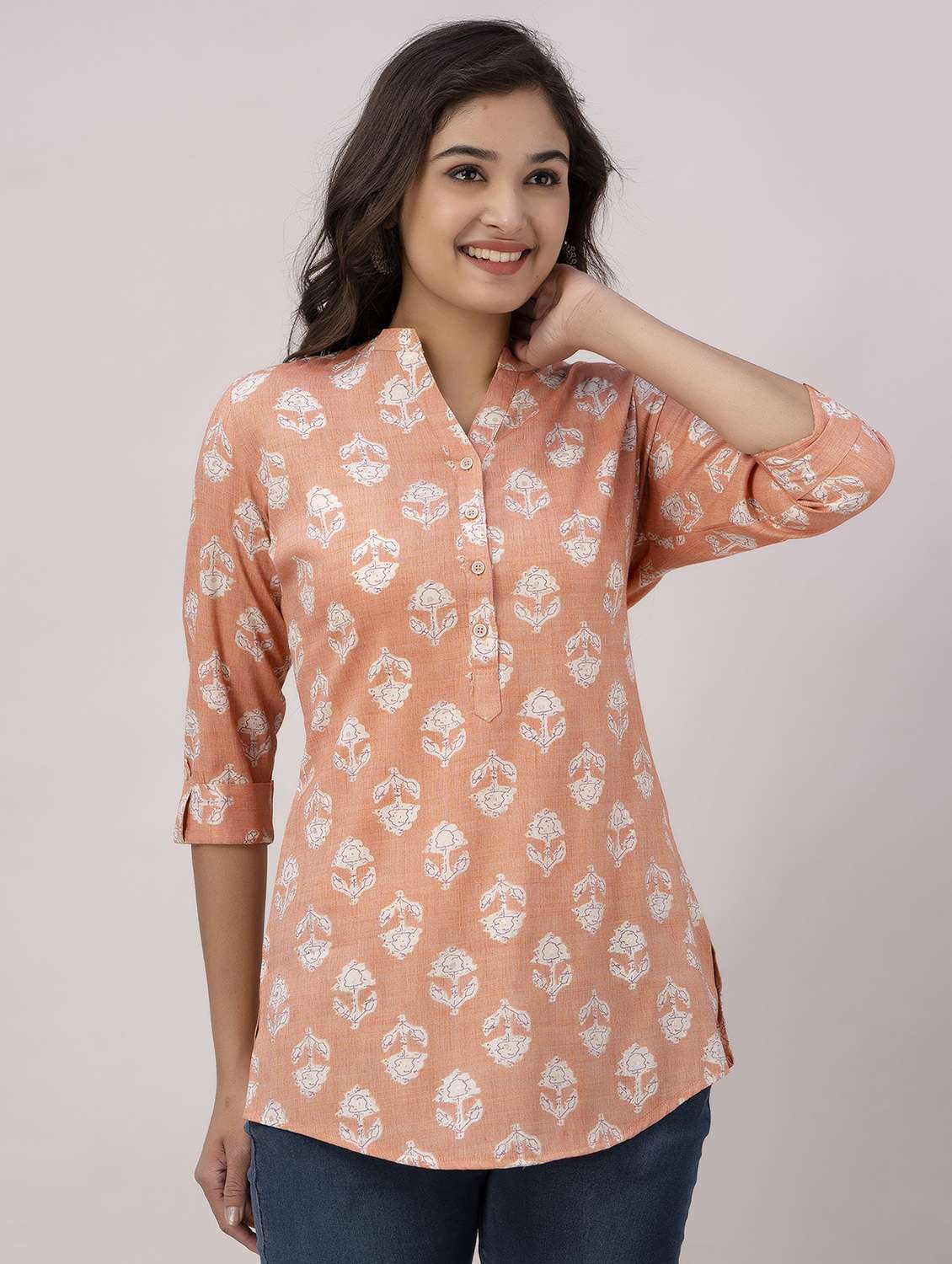peach printed mandarin neck tunic