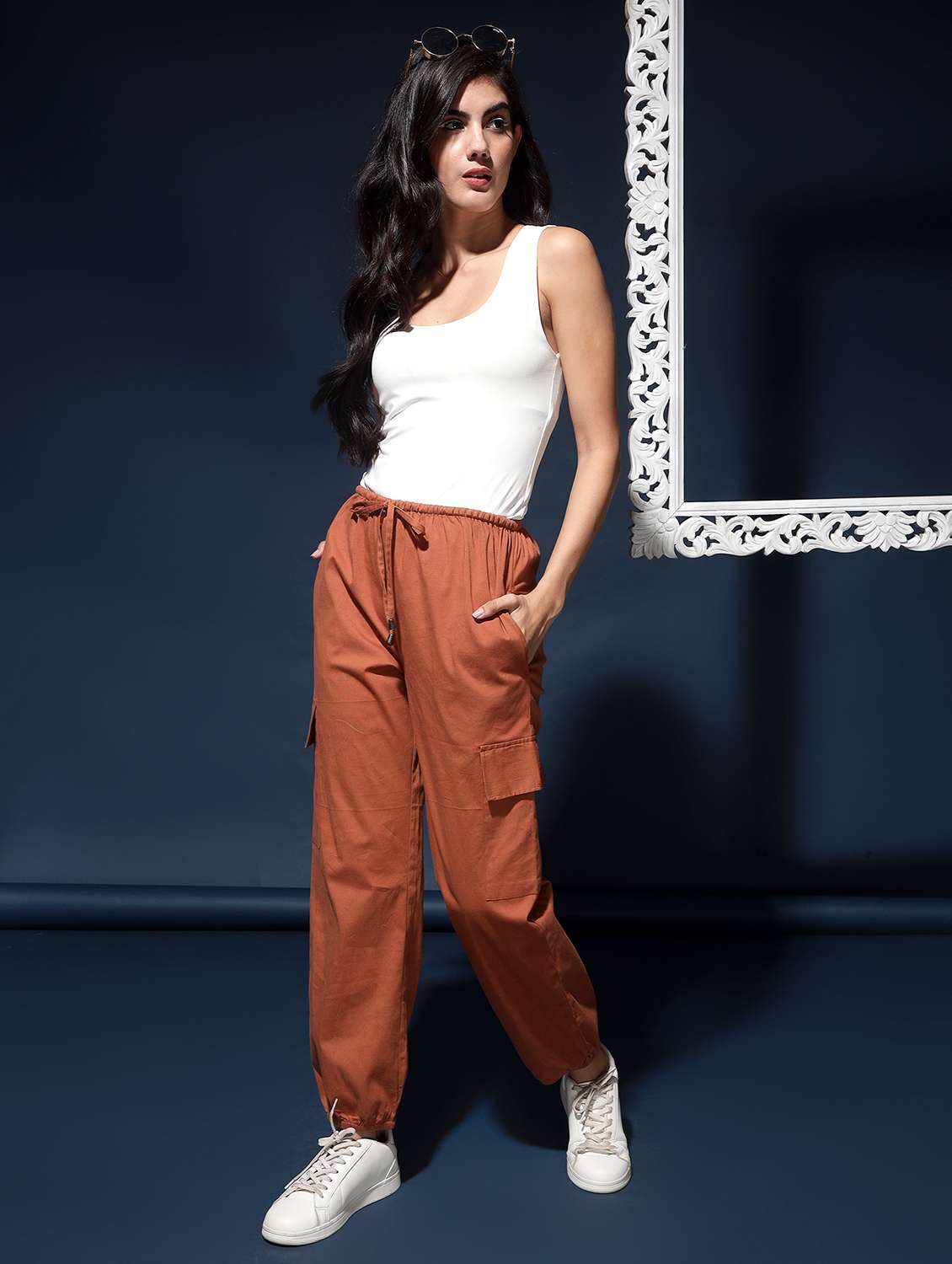 women solid relaxed fit cargo - 20289775 - Standard Image - 2