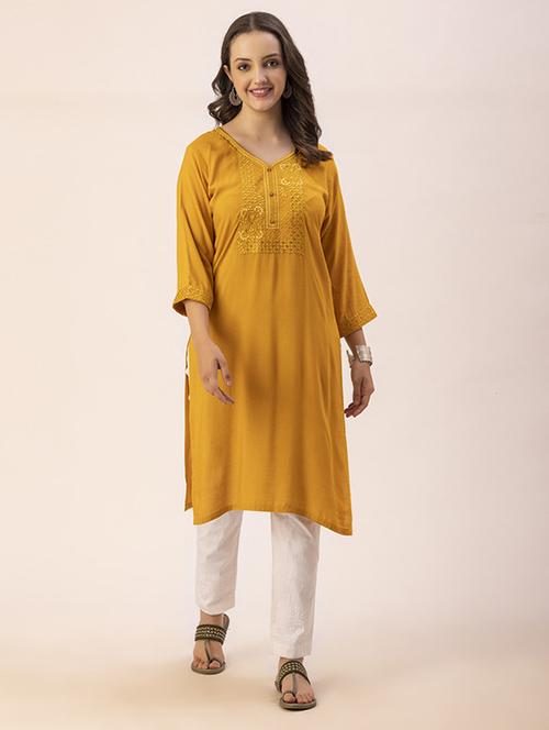 women yoke embroidered straight kurta - 20293320 - Standard Image - 0