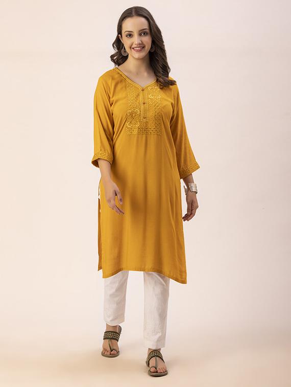 women yoke embroidered straight kurta - 20293320 - Zoom Image - 0