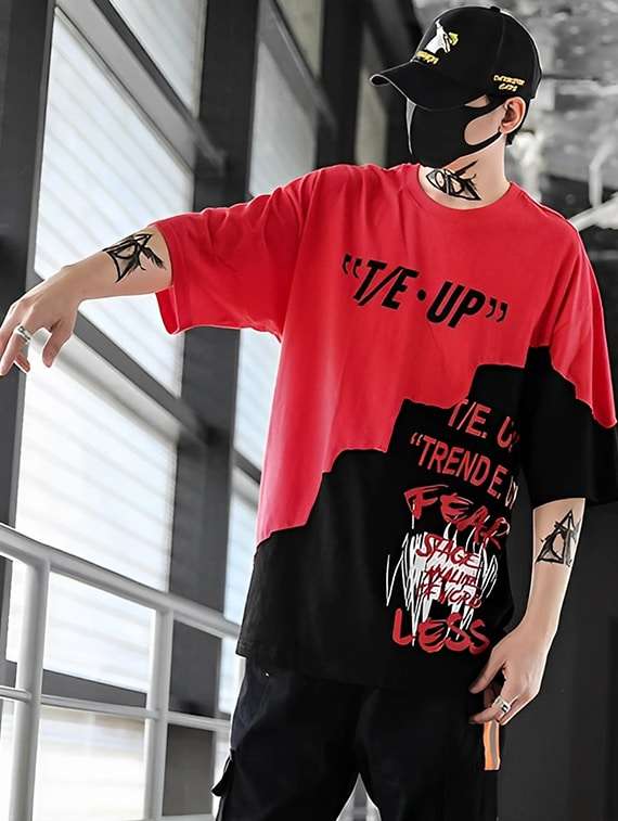 men red oversized color block t-shirt