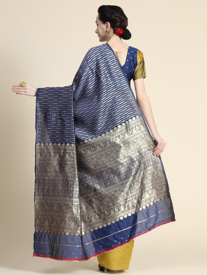 navy blue half & half banarasi saree with blouse - 20293913 - Standard Image - 2