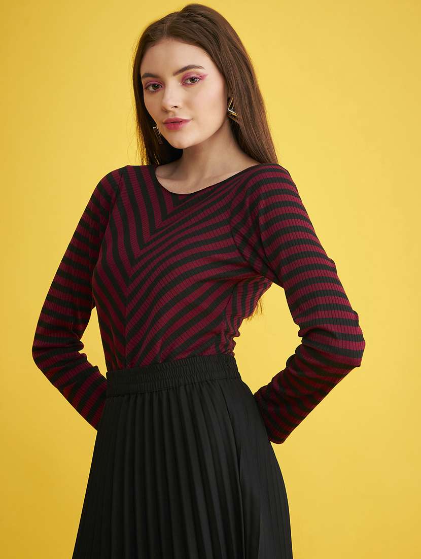 maroon striped round neck long sleeves top - 20293969 -  Standard Image - 2