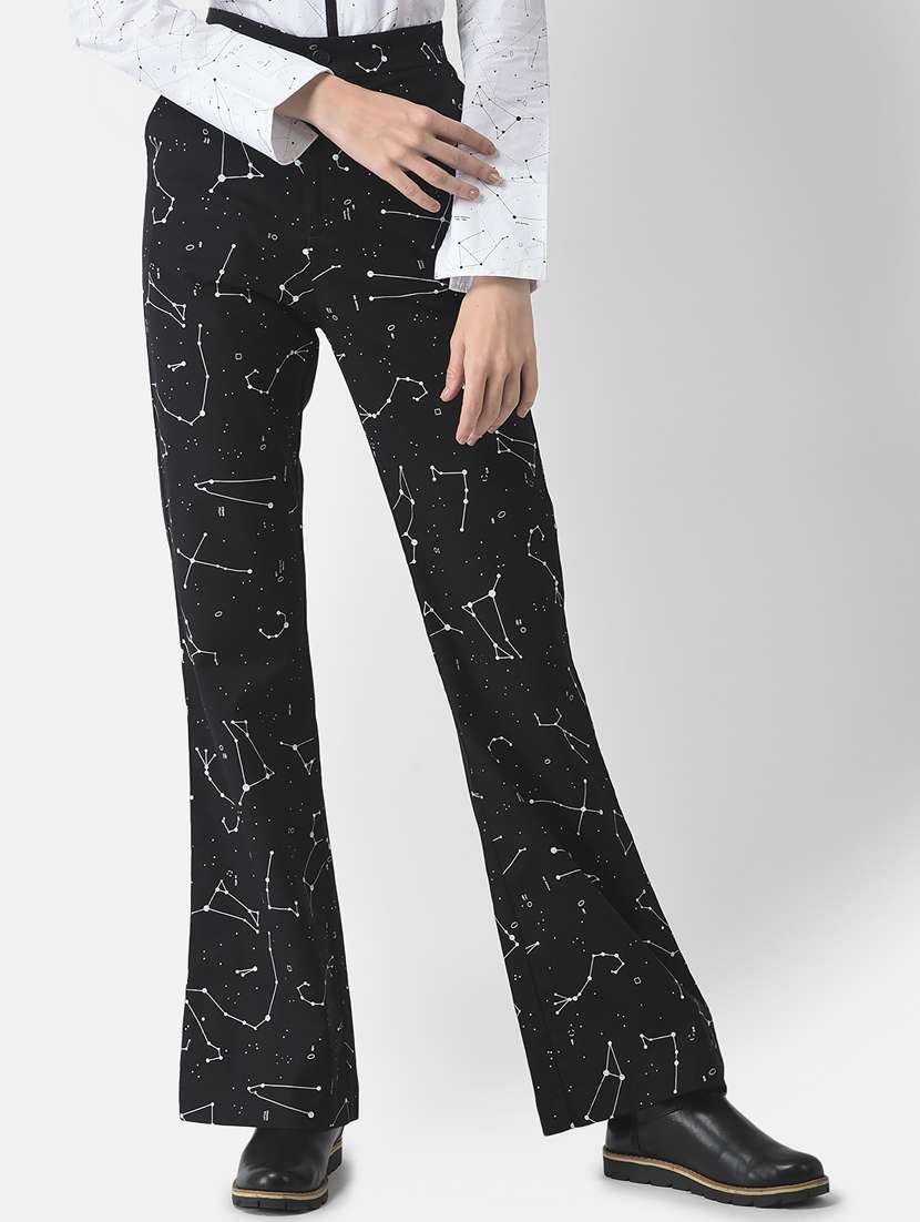 black geometric print bootcut trouser