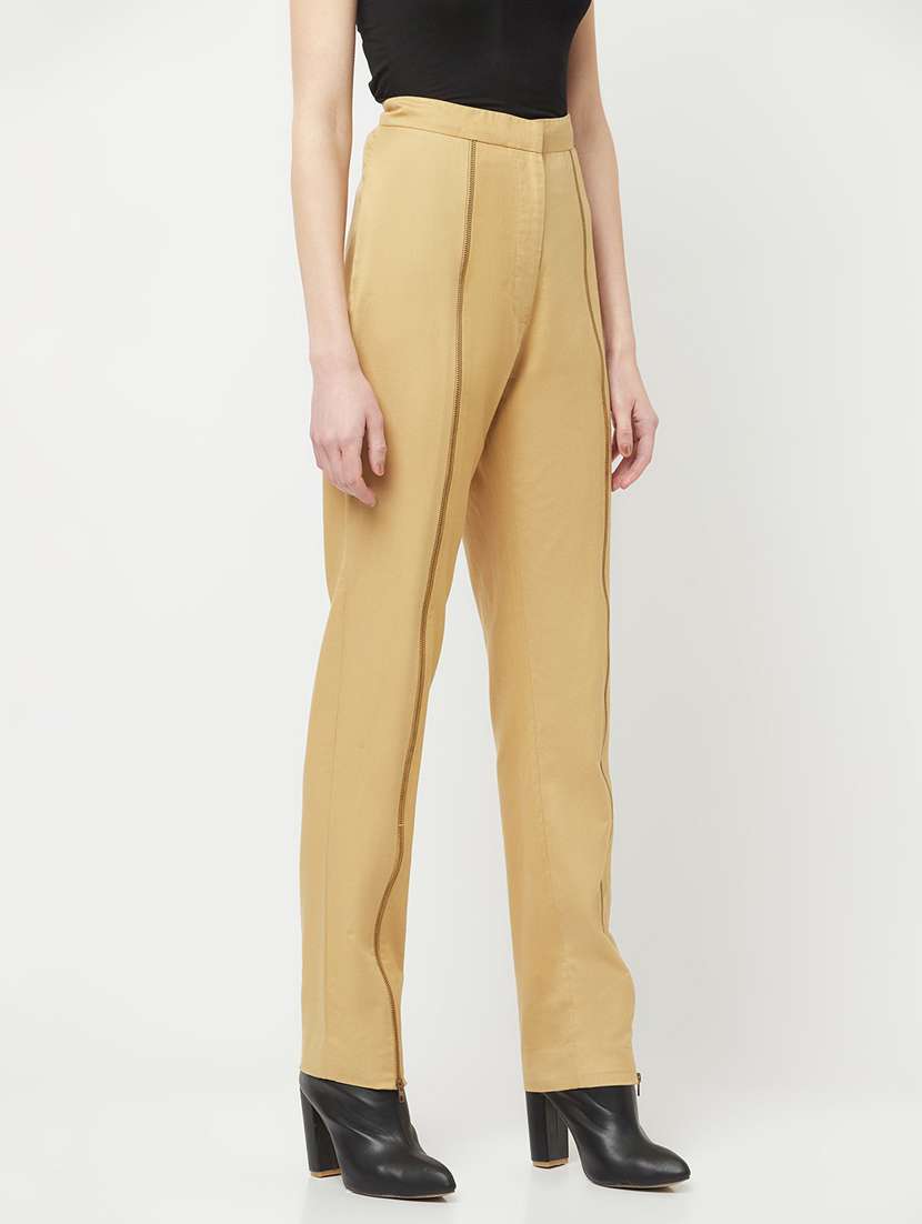 tan solid flat front trouser