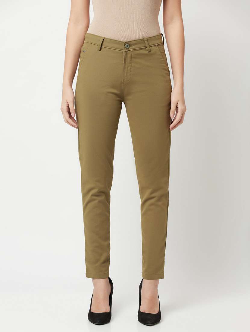 khaki solid cigarette pants