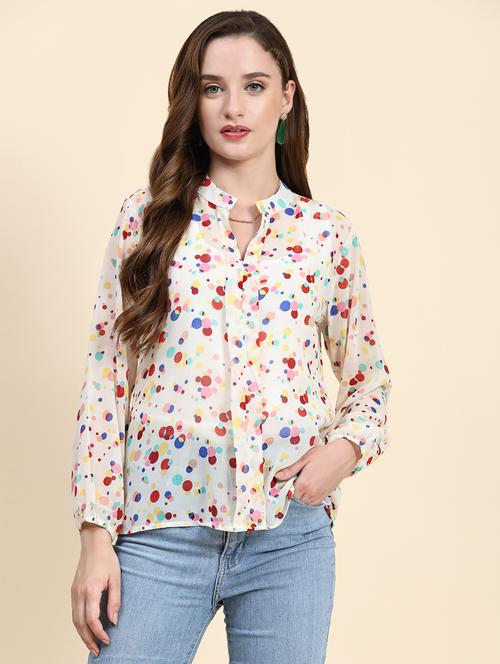 white polka doted mandarin neck top - 20294633 -  Standard Image - 0