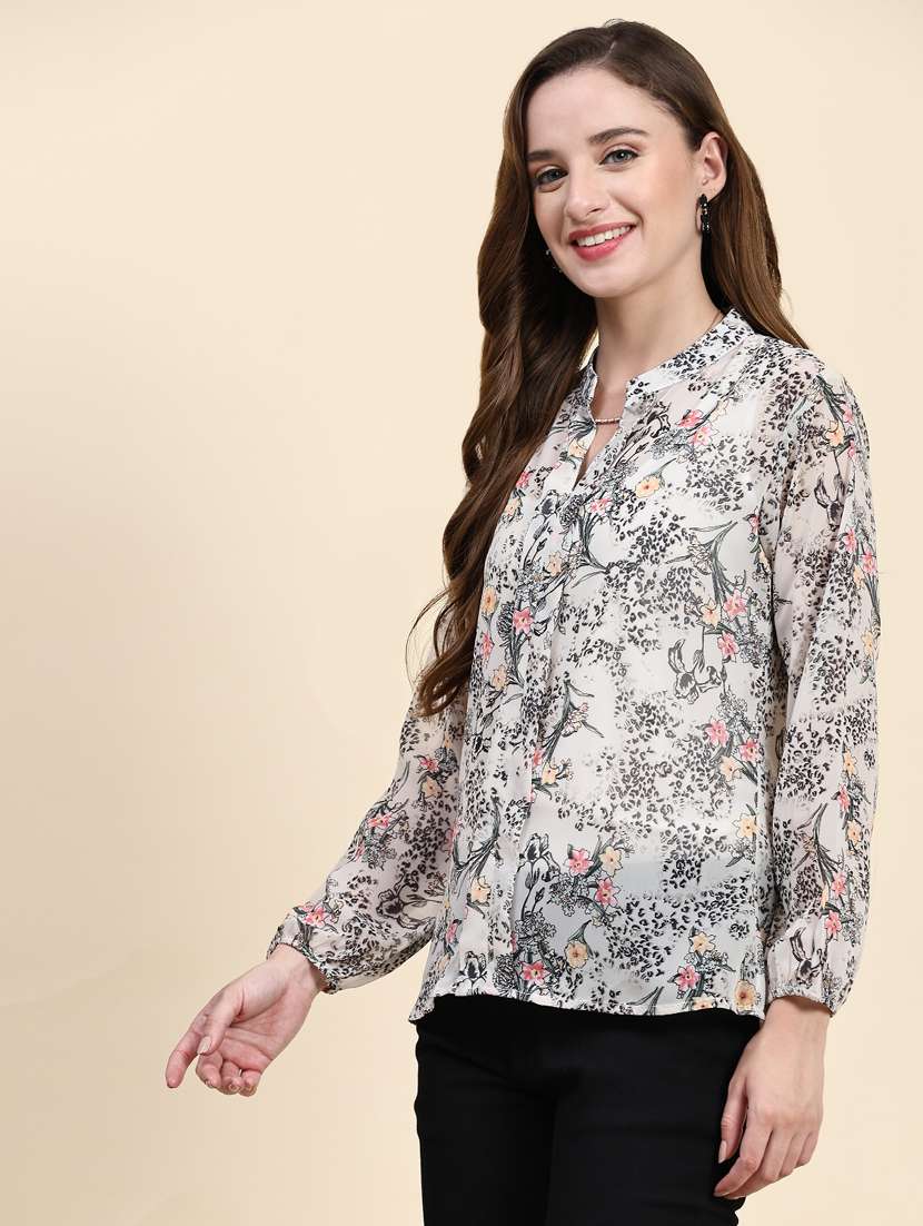 grey floral print mandarin neck top - 20294634 -  Standard Image - 2
