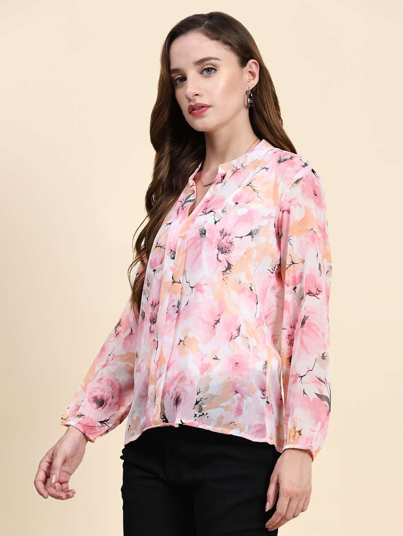 pink floral print mandarin neck top - 20294635 - Standard Image - 2
