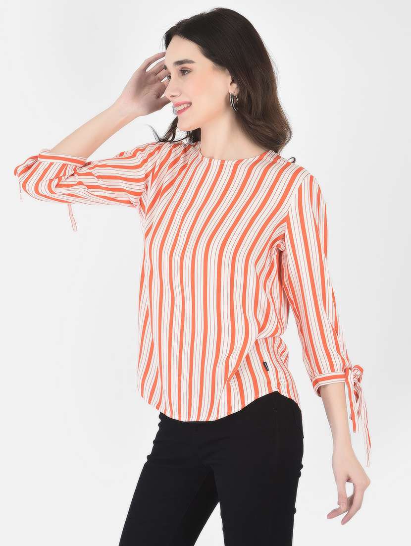 women orange stripes viscose regular top - 20294860 - Standard Image - 2