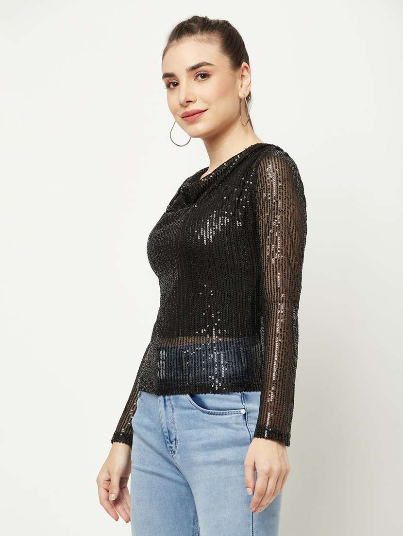 women black sequin cotton blend regular top - 20294883 -  Standard Image - 2