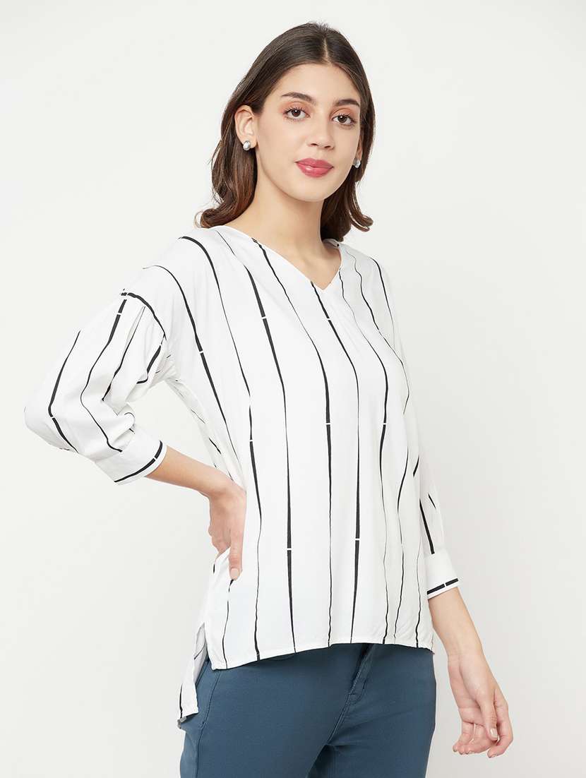 Women Striped White Viscose Top - 20294929 -  Standard Image - 2