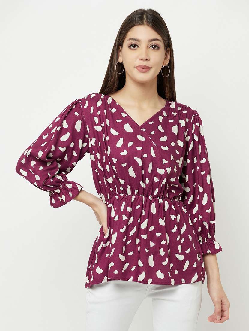 women printed v neck top
