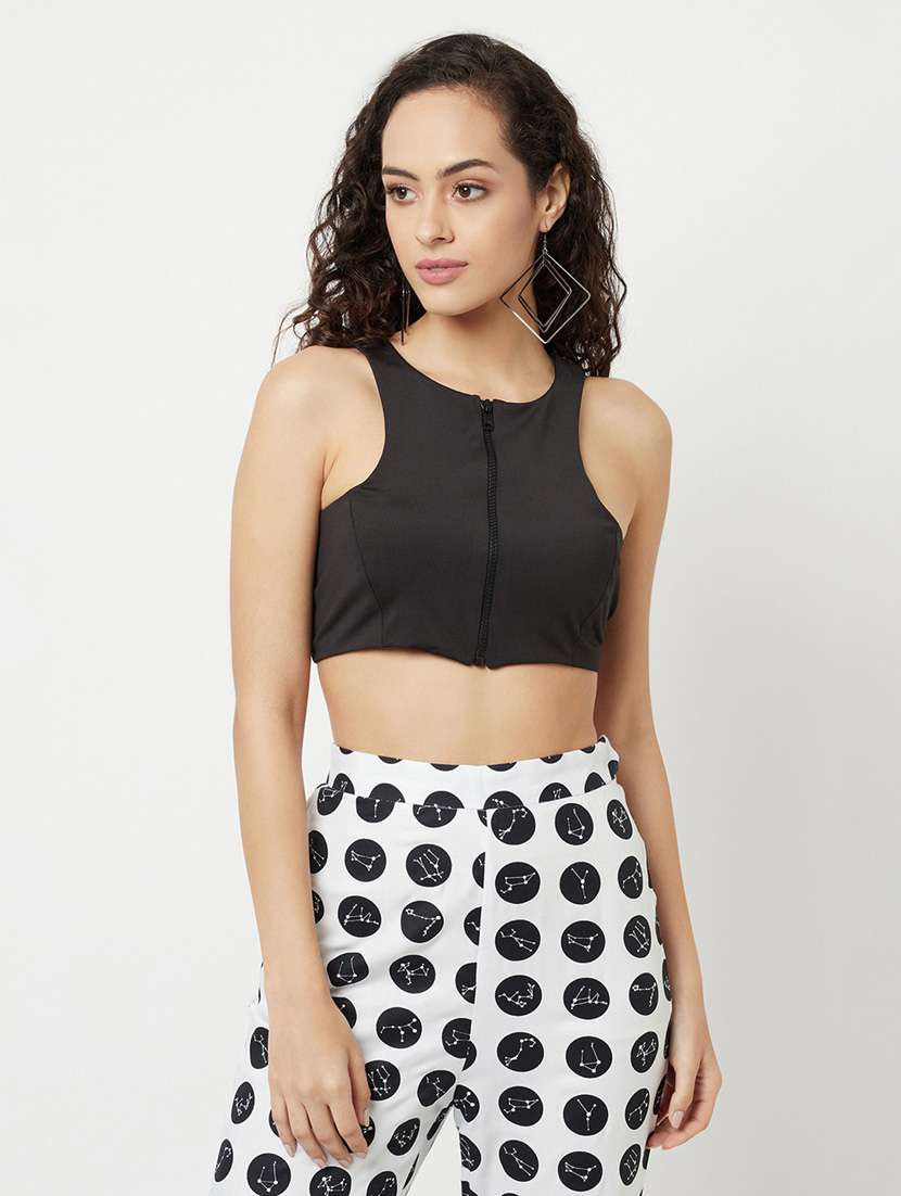 black front zipper solid crop top