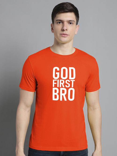 men orange cotton chest print t-shirt - 20295714 -  Standard Image - 0