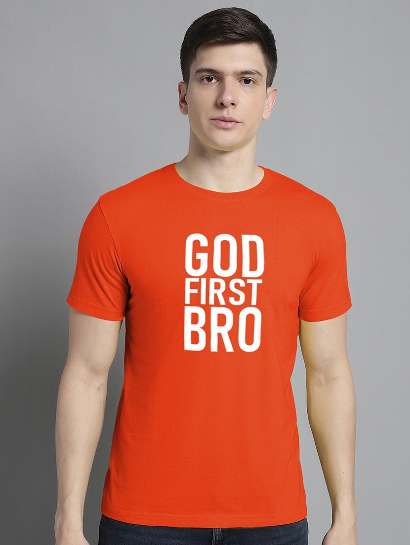 men orange cotton chest print t-shirt - 20295714 -  Zoom Image - 0