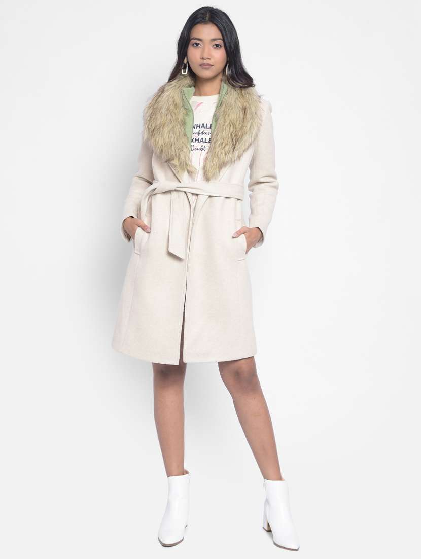 women beige solid wrap fur coat