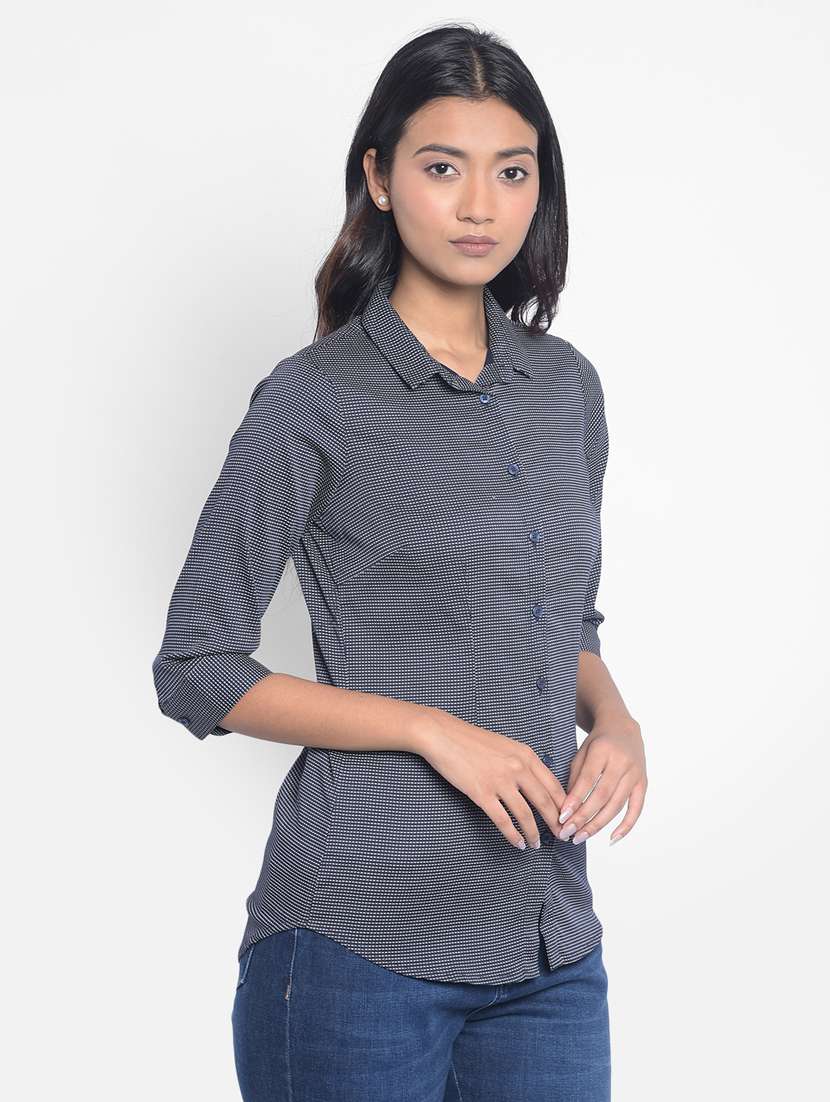 women grey mini checkered cotton blend regular shirt - 20296122 -  Standard Image - 2