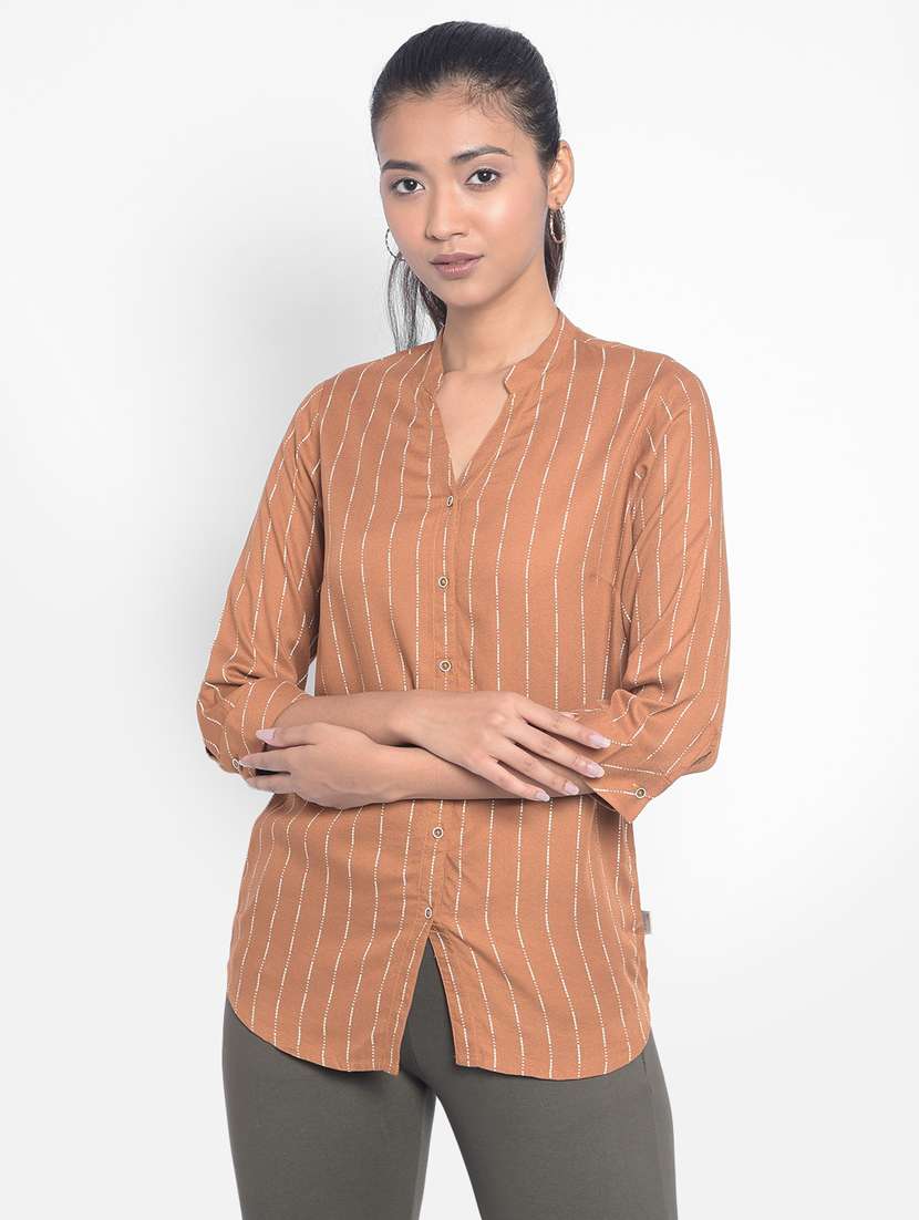 women brown stripes viscose regular shirt