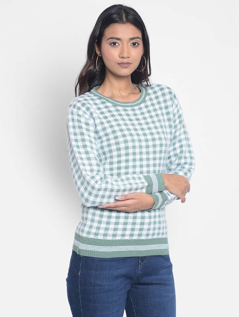 women green checkered viscose pullover - 20296139 -  Standard Image - 2