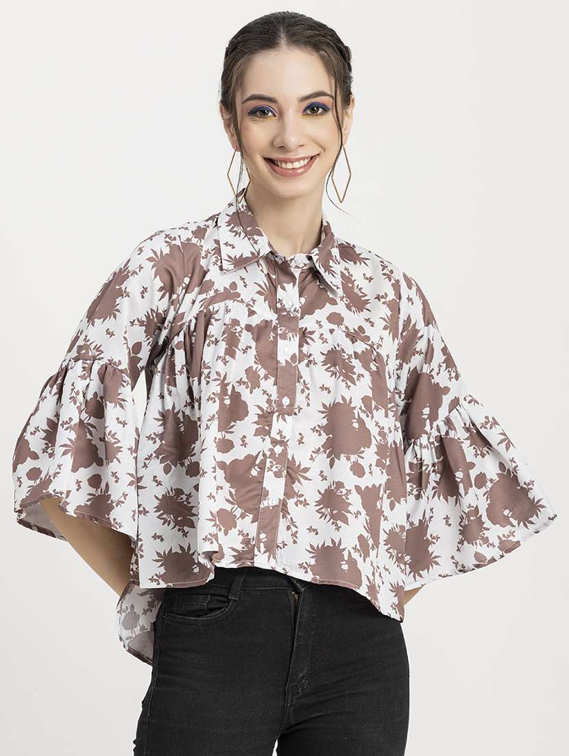 women printed collared high low top