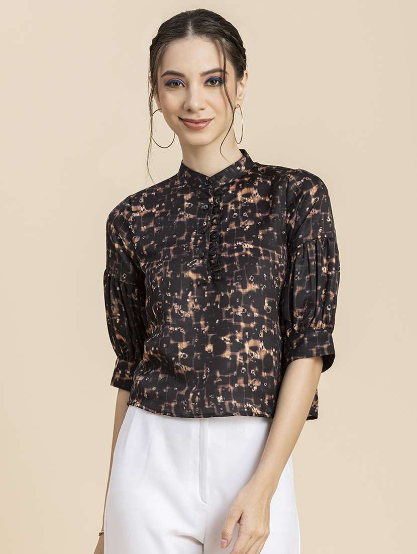 women printed mandarin neck top