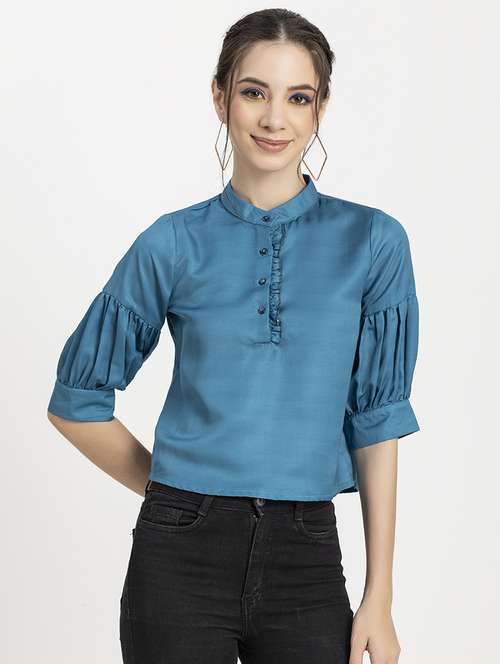 women's crop mandarin neck top - 20296778 - Standard Image - 0