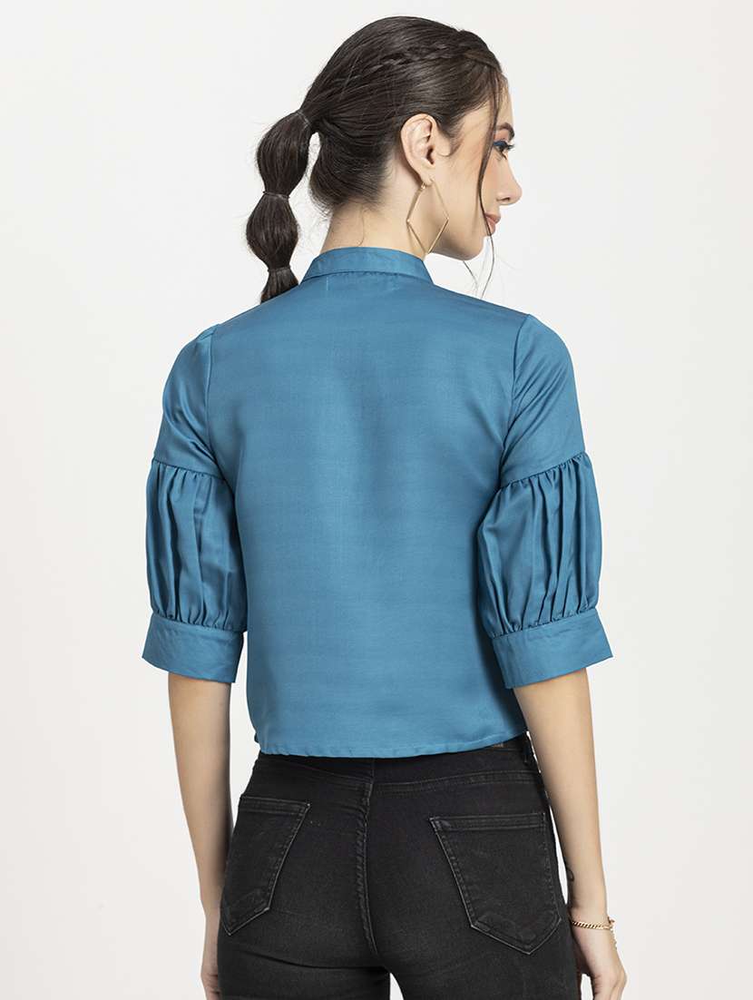 women's crop mandarin neck top - 20296778 - Standard Image - 2