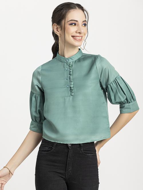women's crop mandarin neck top - 20296779 - Standard Image - 0