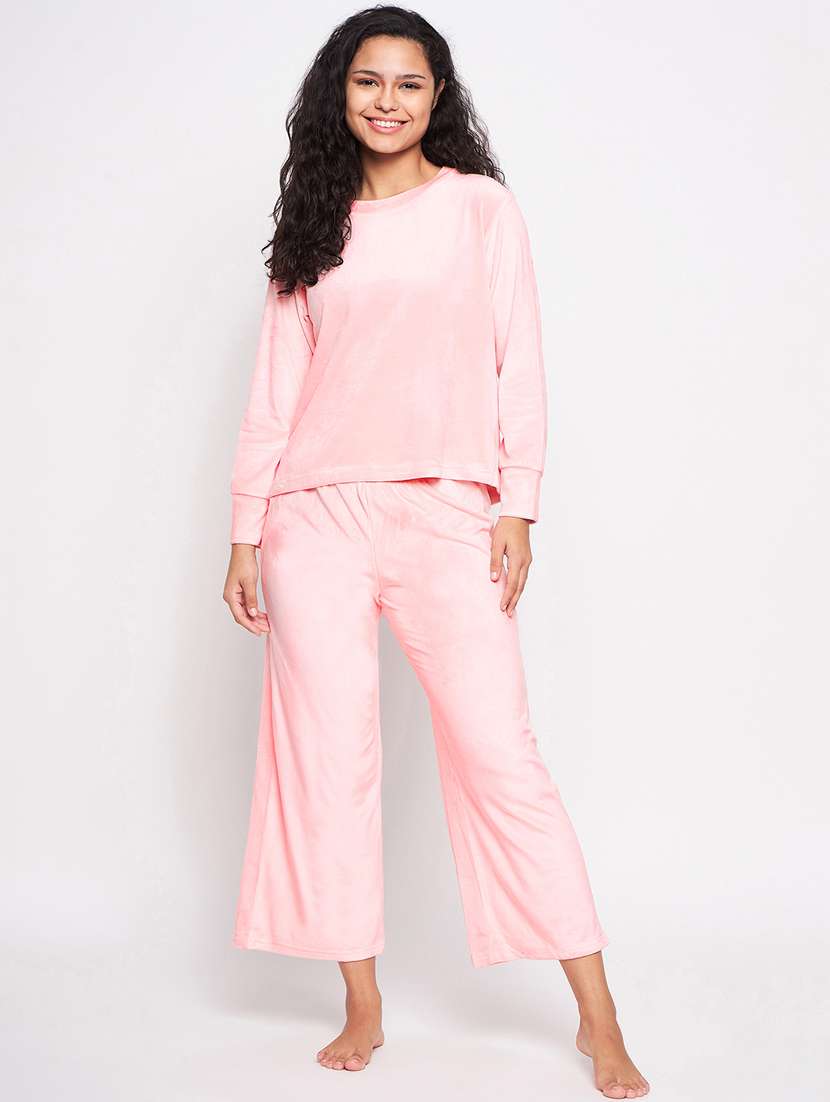 women round neck solid nightwear pyjama set 