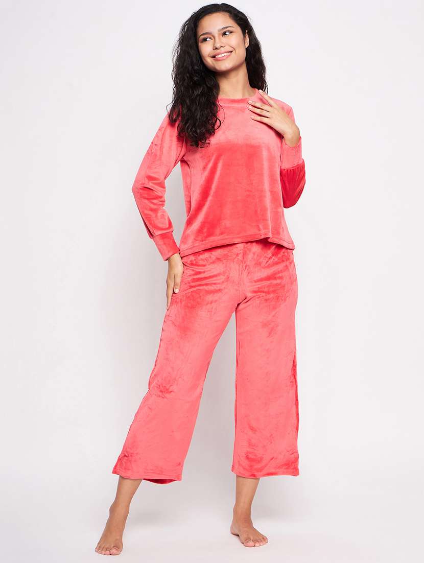 women boat neck solid nightwear pyjama set 