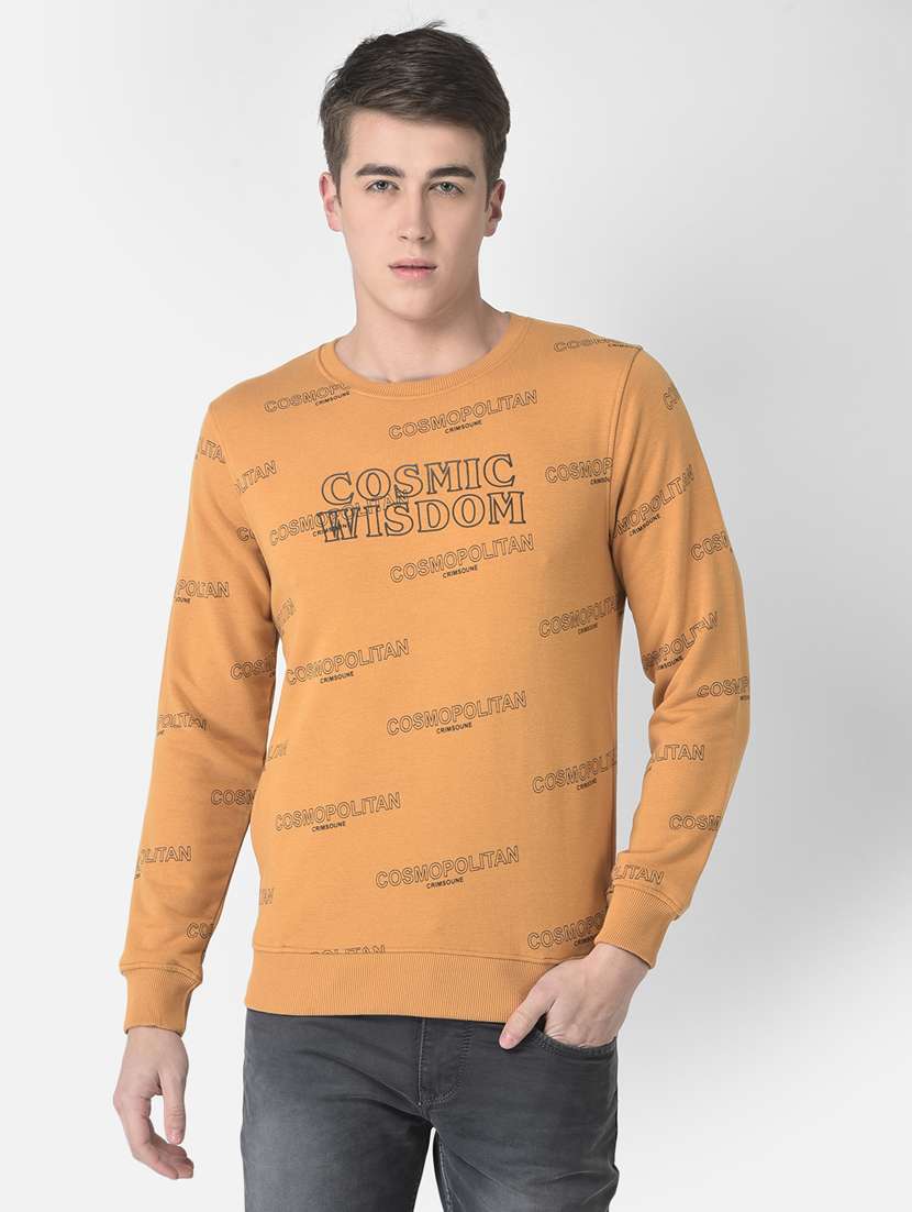men orange typographic print cotton blend regular fit sweatshirt