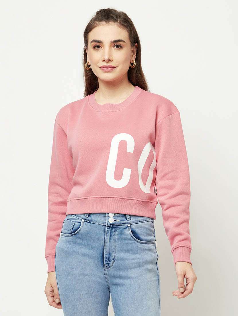 women typography print pink cotton blend regular sweatshirt