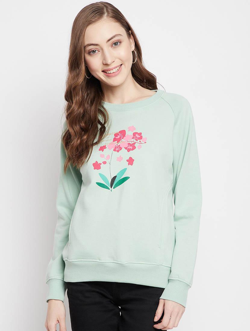 women light green printed cotton blend regular sweatshirt