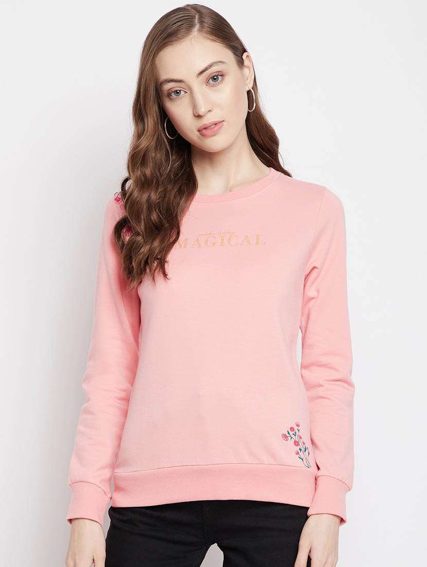 women peachy pink placement print cotton blend regular sweatshirt