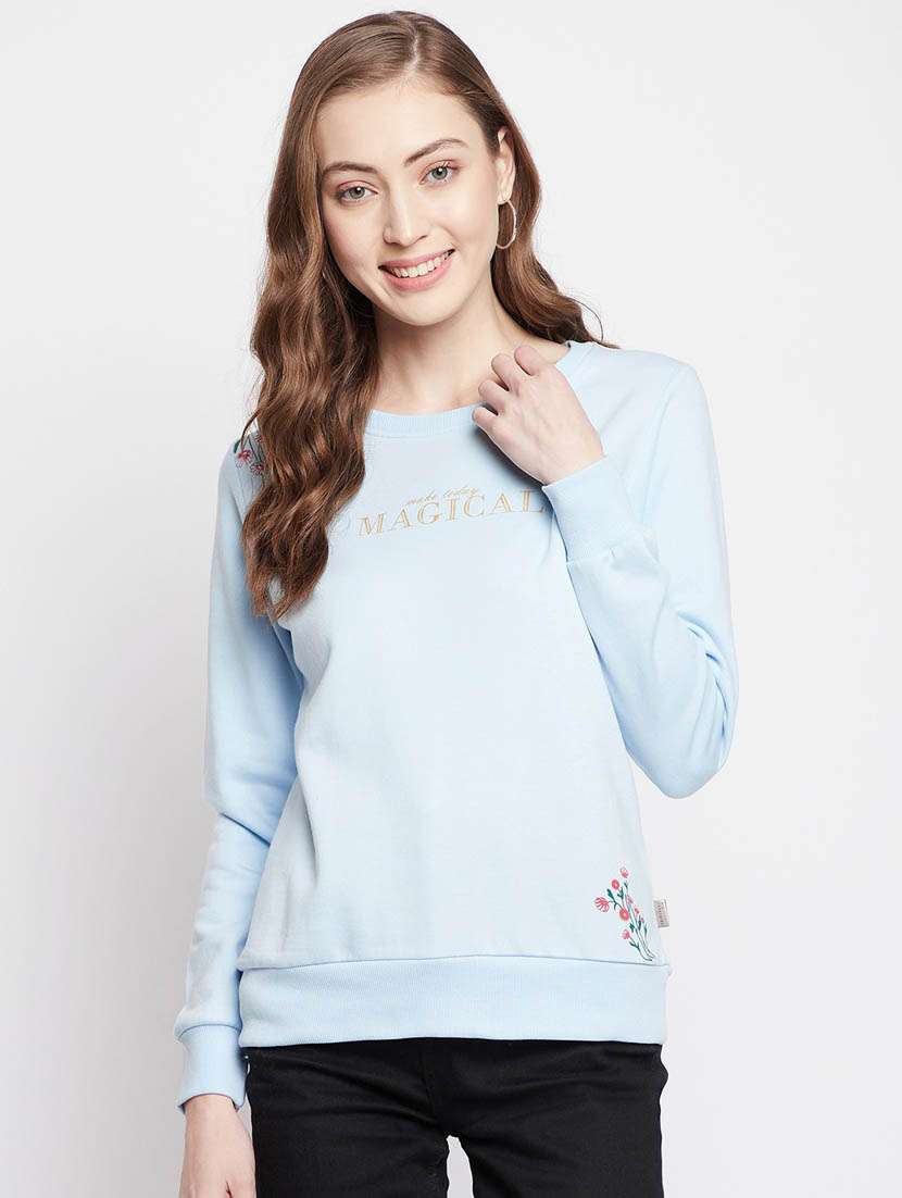 women light blue placement print cotton blend regular sweatshirt