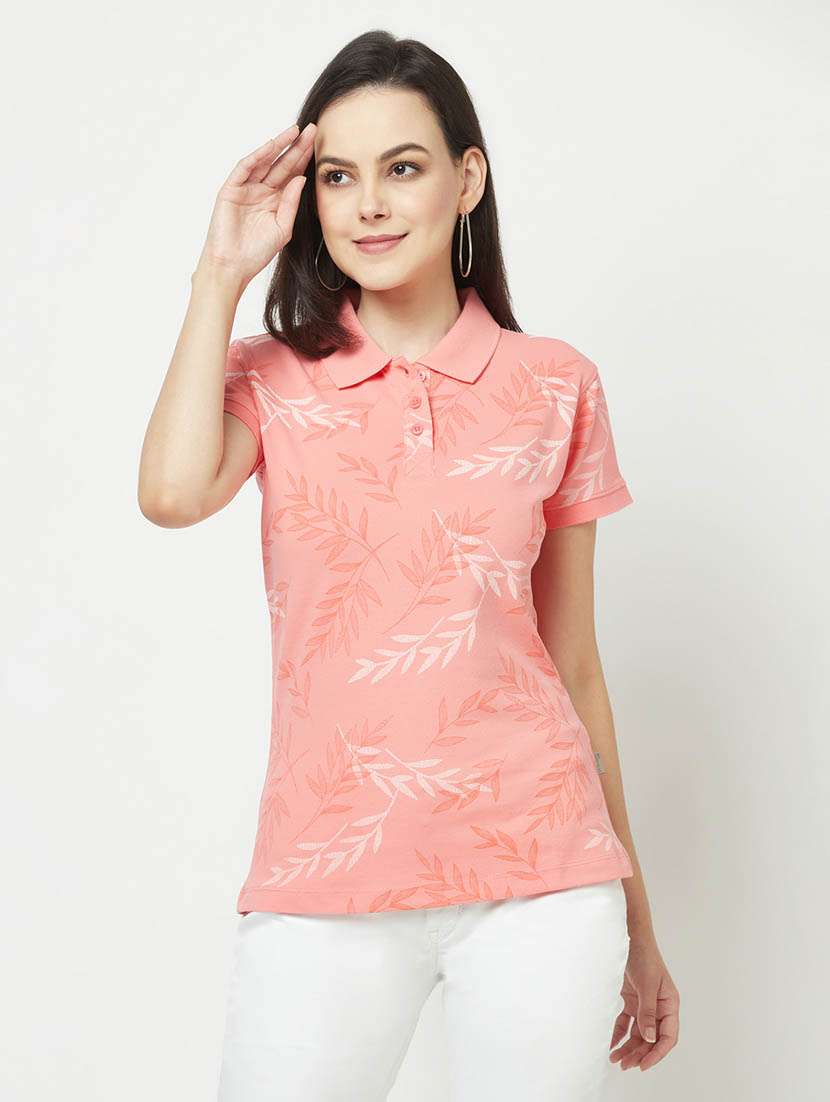 women leafy print pink cotton blend polo t-shirt