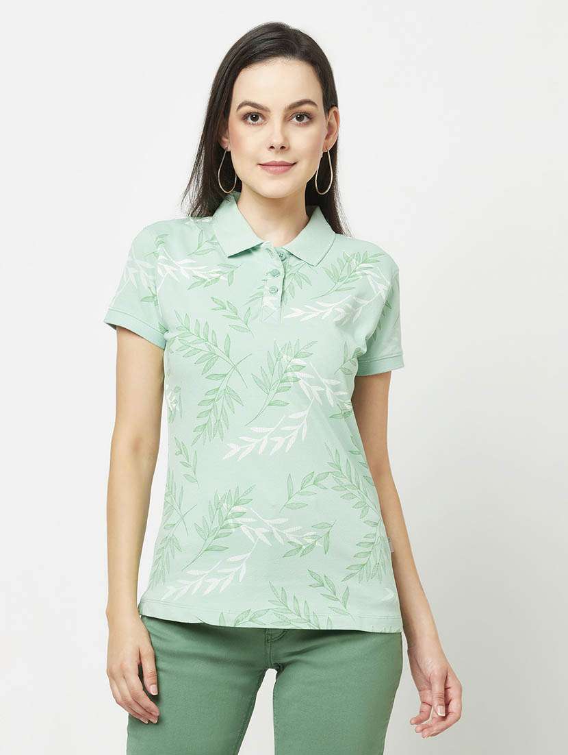 women sea green leafy print cotton blend polo t-shirt
