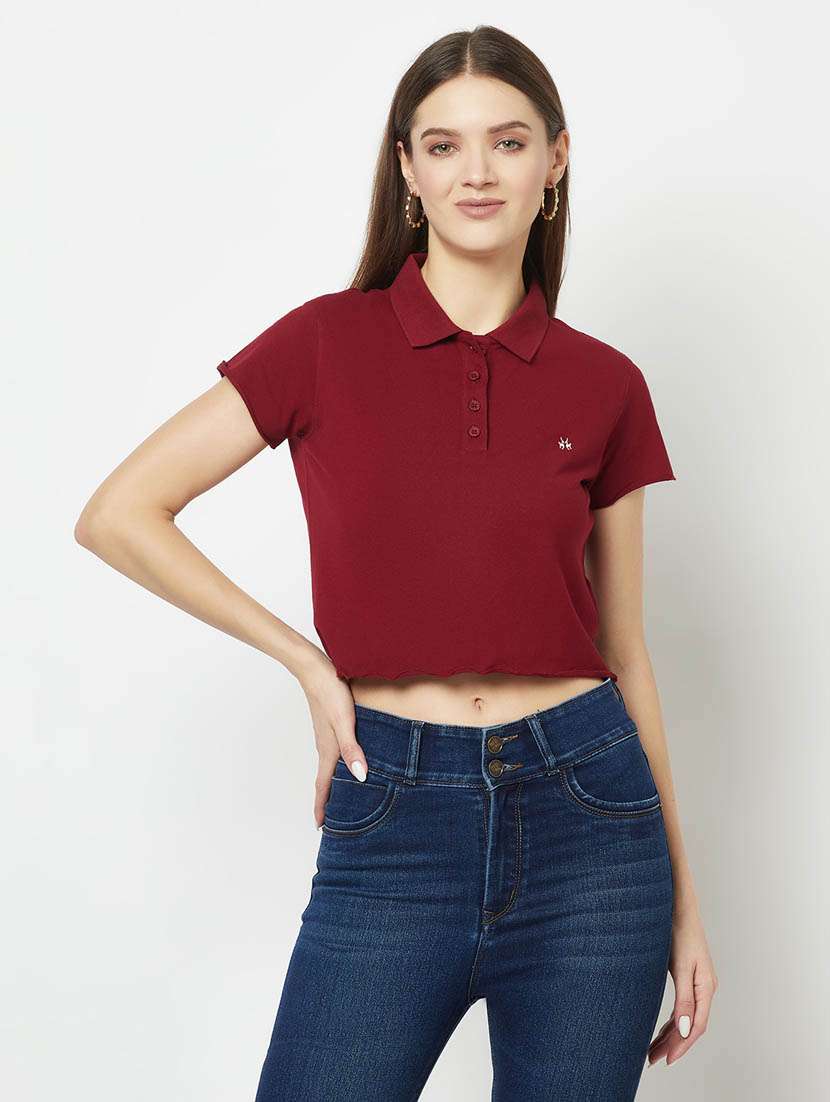 maroon solid crop t-shirt