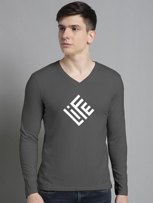 men typography print grey long sleeves cotton t-shirt - 20299117 -  Standard Image - 0