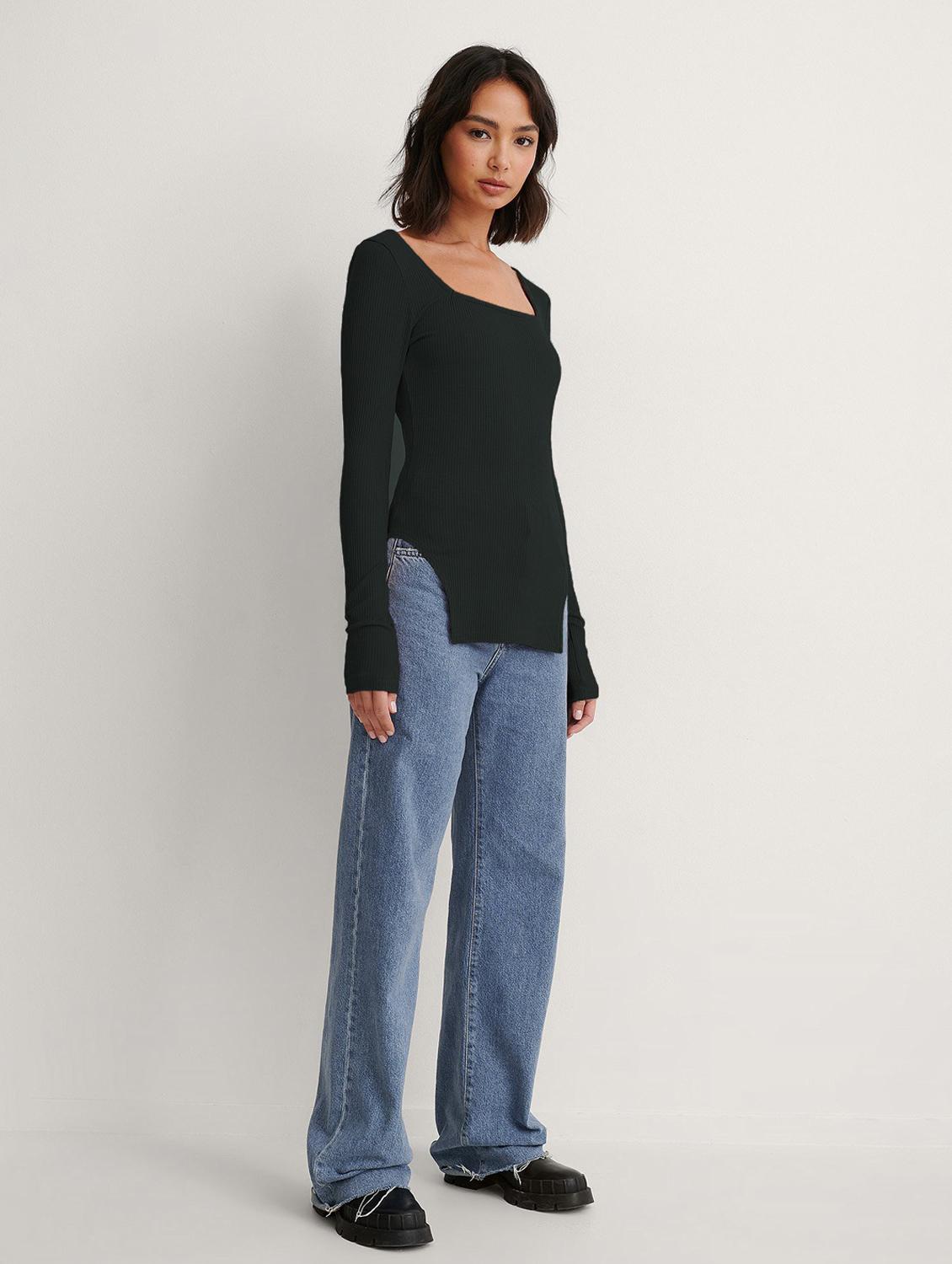 black solid long sleeves long top - 20299403 - Standard Image - 2