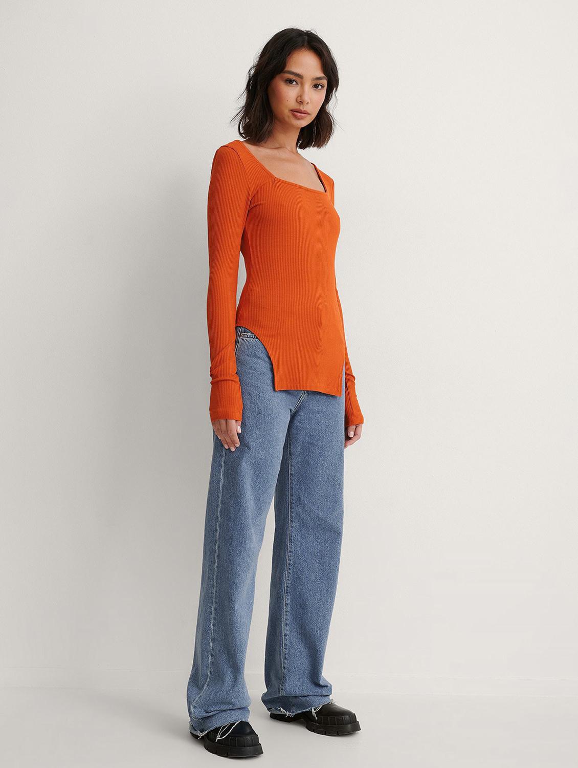 orange solid long sleeves long top - 20299406 - Standard Image - 2