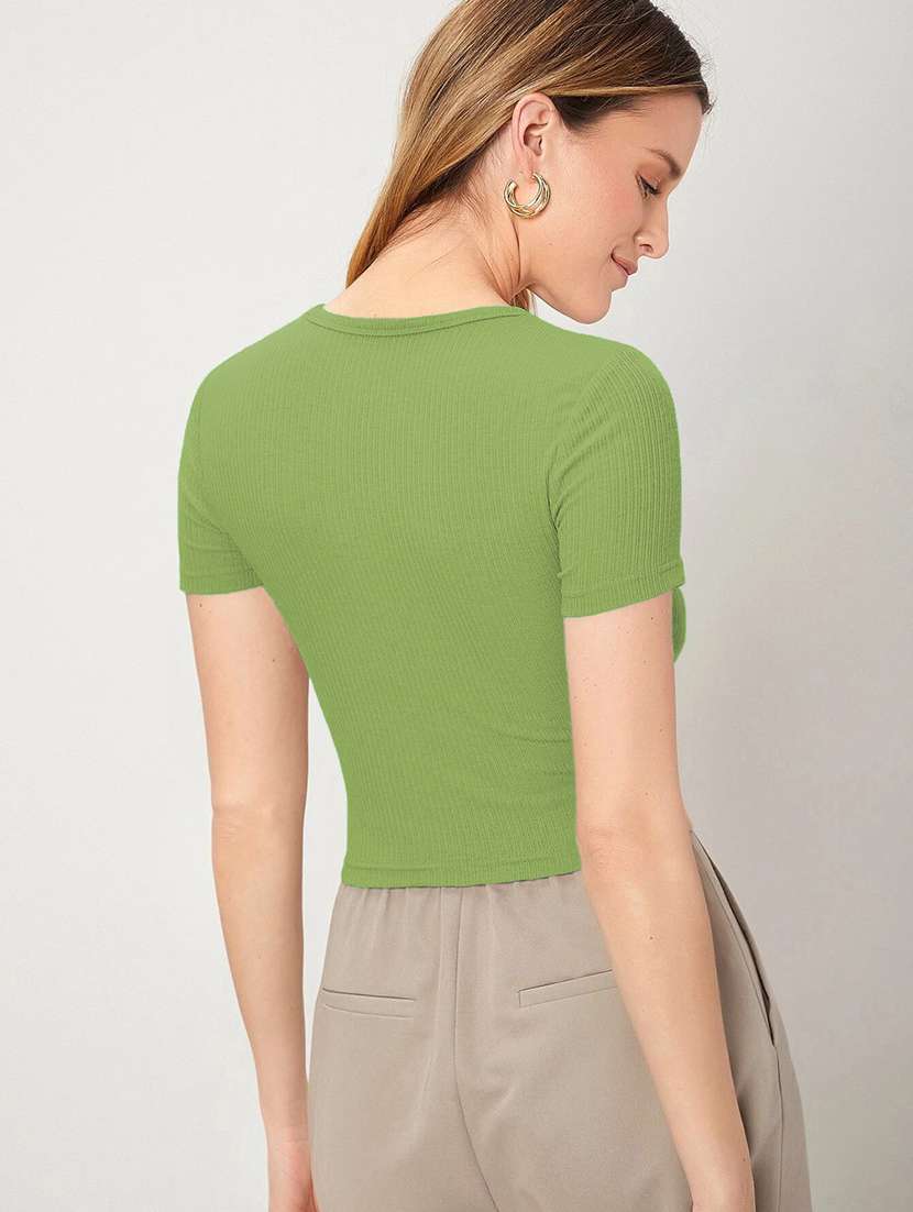 green solid short sleeves crop top - 20299430 -  Standard Image - 2