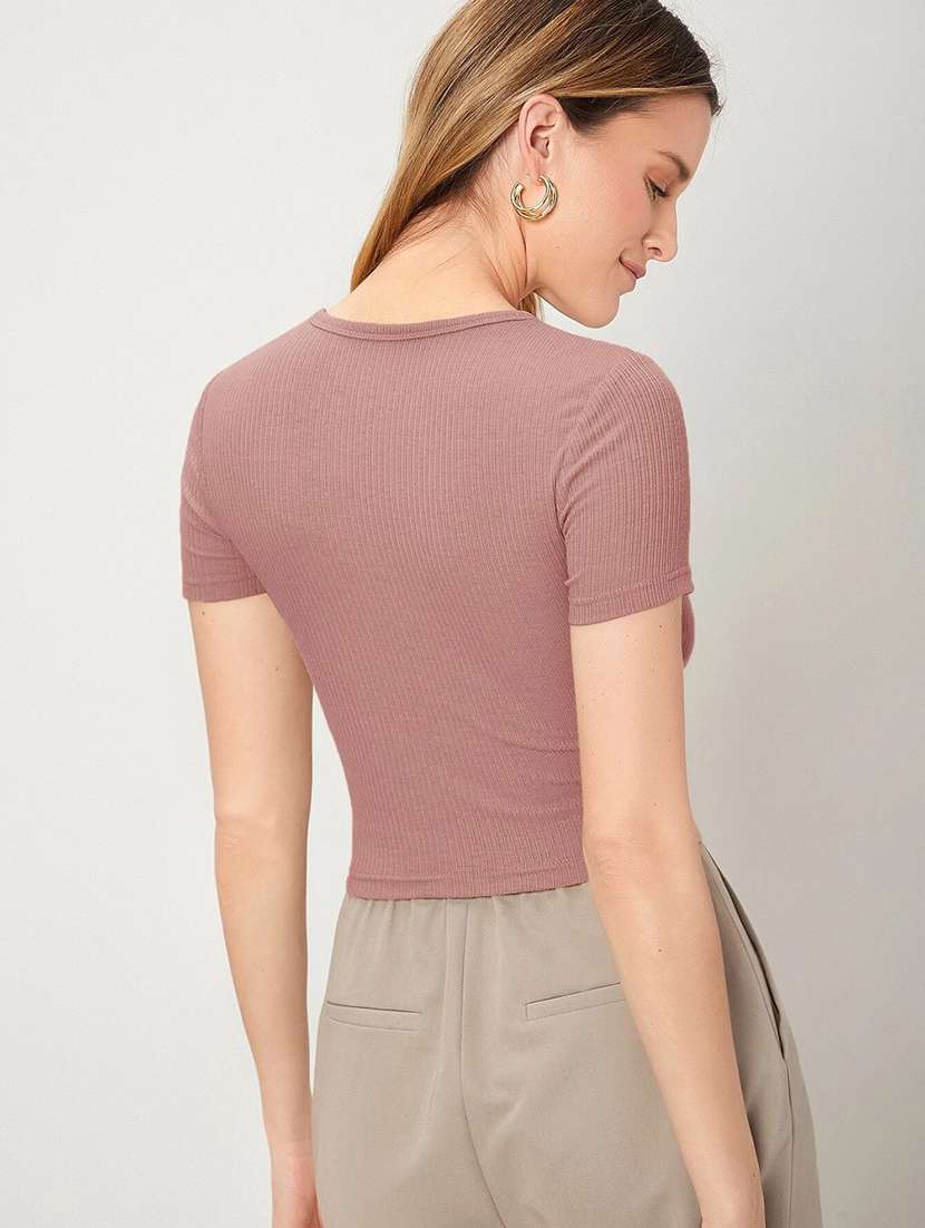 pink solid notch neck crop top - 20299431 -  Standard Image - 2