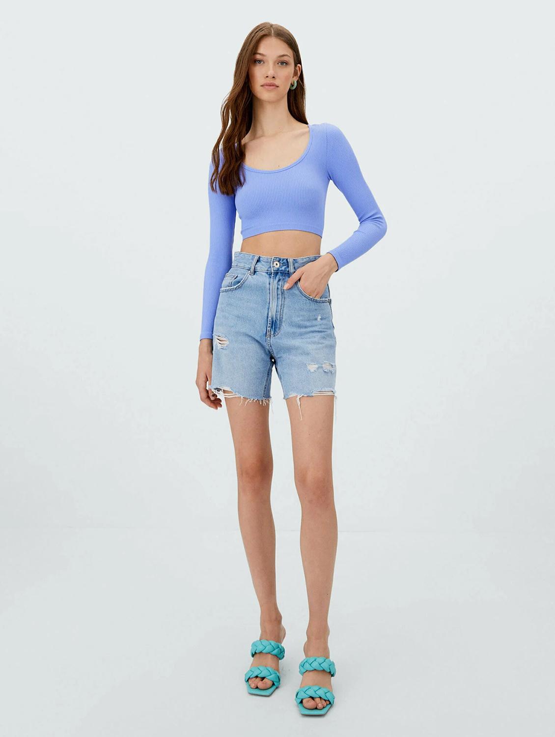 light blue solid long sleeves crop top - 20299493 - Standard Image - 2
