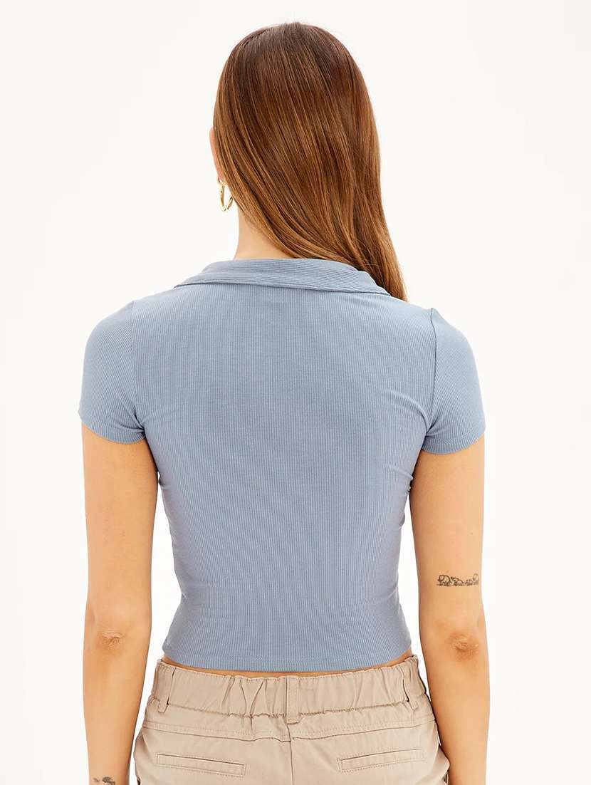 light blue solid polo neck crop top - 20299516 - Standard Image - 2
