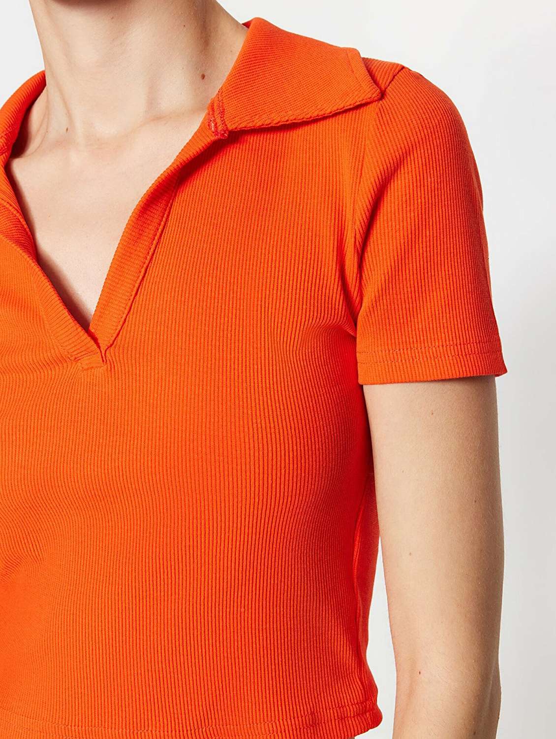 orange solid polo neck crop top - 20299521 - Standard Image - 2