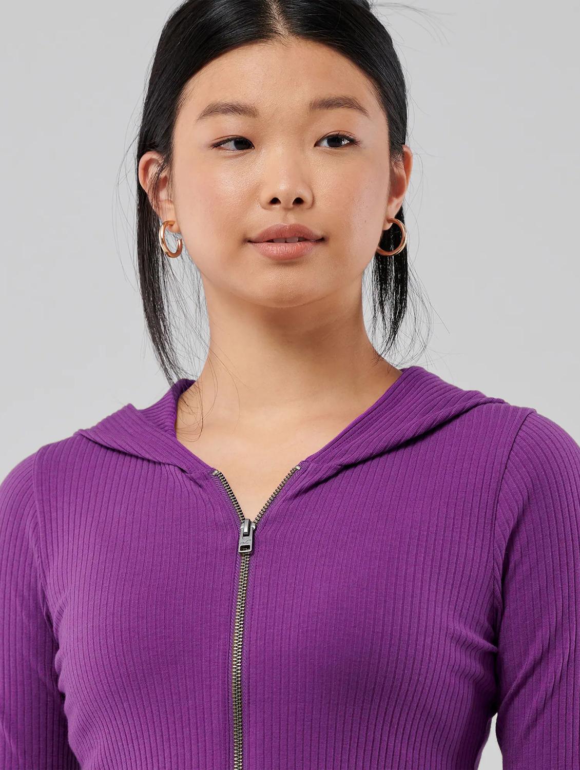 purple solid hooded nwck long sleeves top - 20299550 - Standard Image - 2