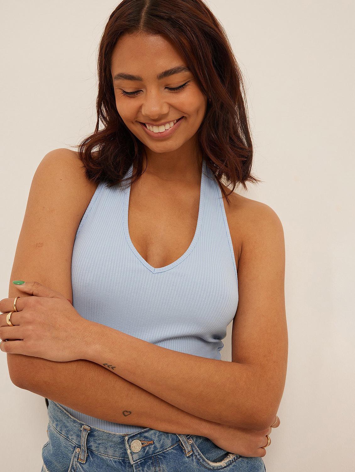 light blue solid halter neck tank top - 20299576 - Standard Image - 2