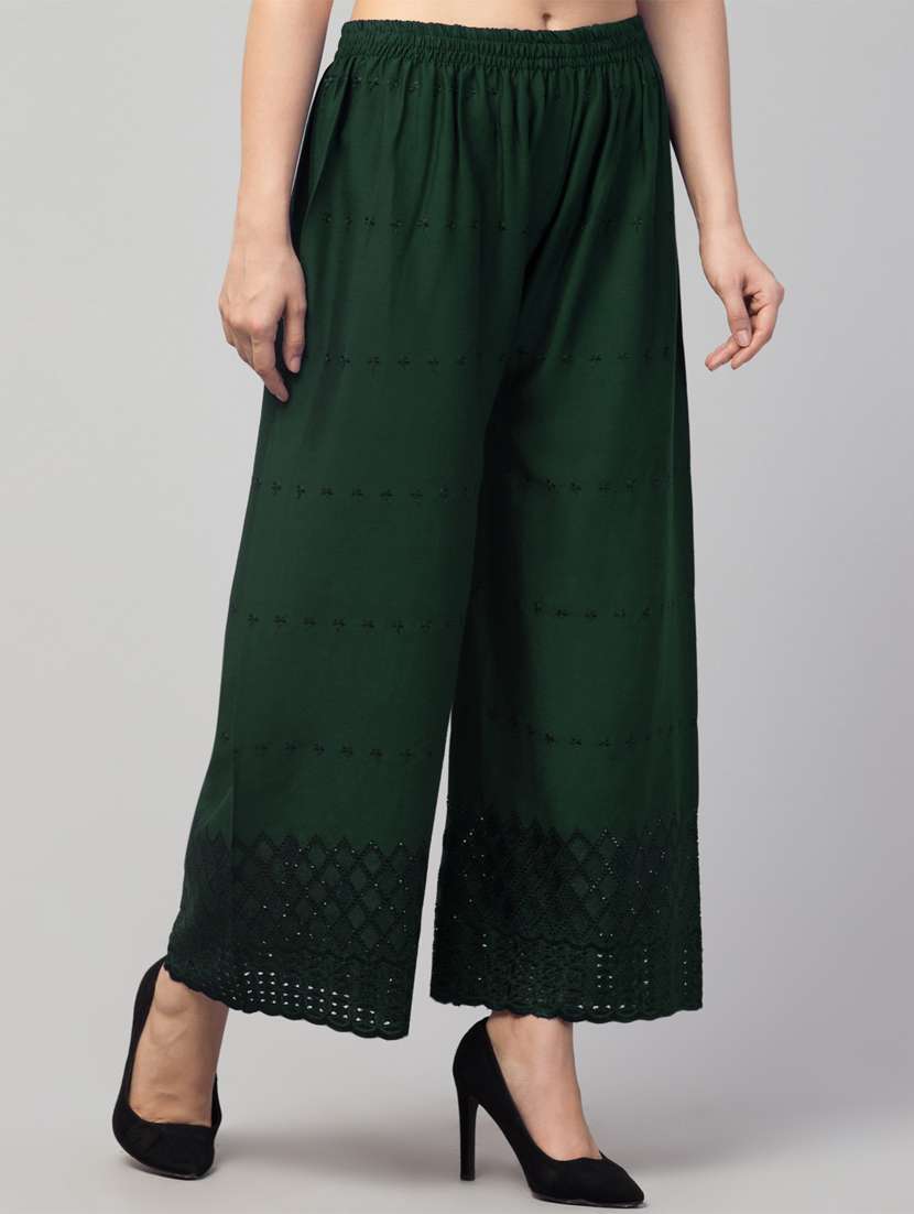 bottle green solid with work palazzo - 20300782 -  Standard Image - 2